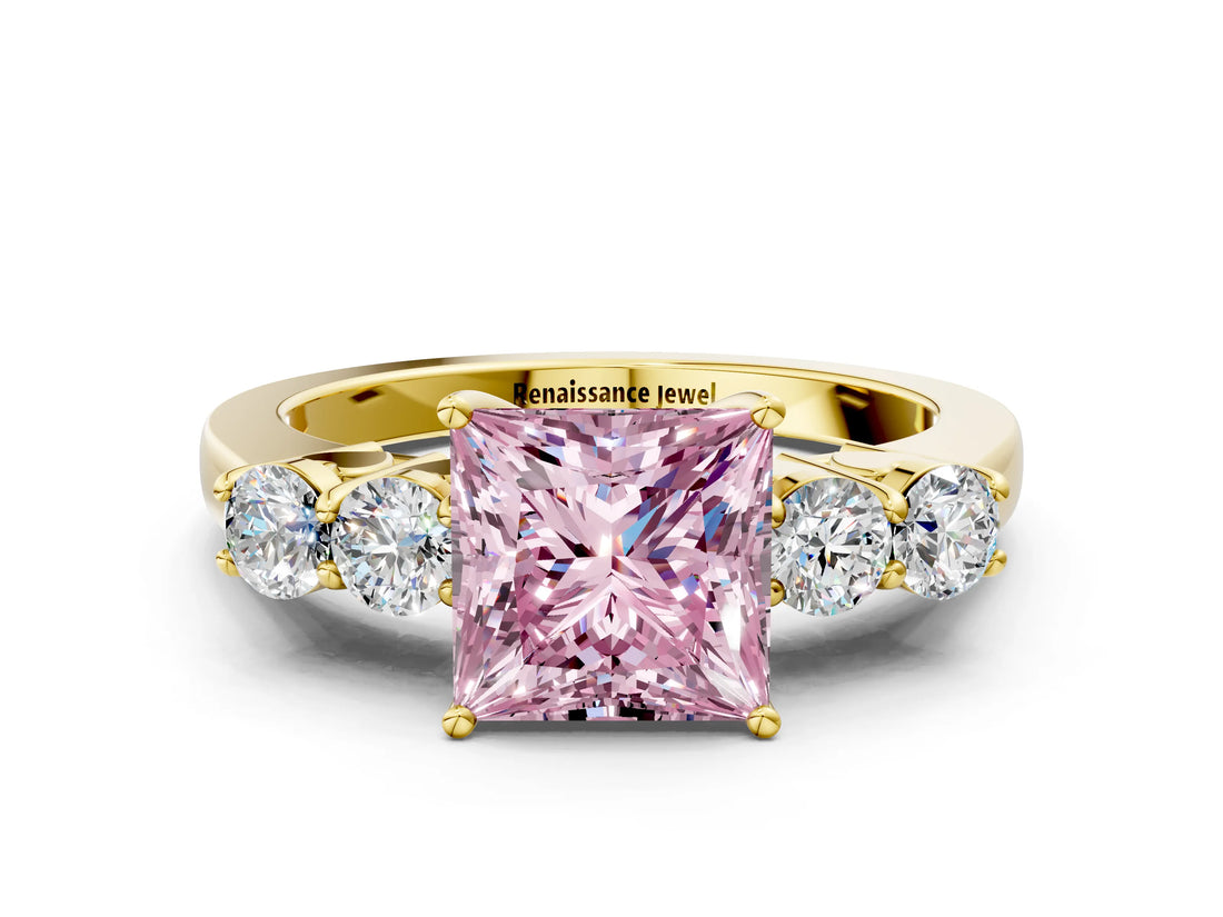 Yellow gold Fancy Pink Princess  Cut Diamond Five-Stone Prong Set White Gold Ring_29