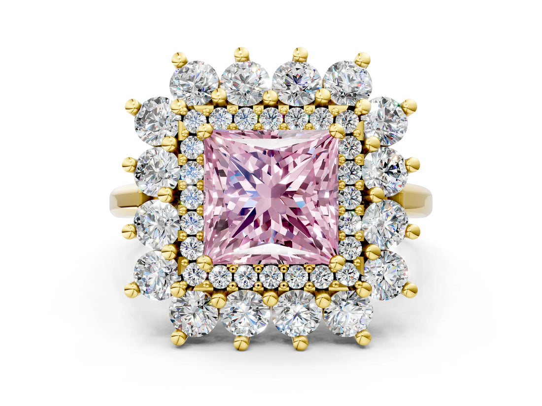 Yellow gold Fancy Pink Princess Cut Diamond Floral Double Halo Engagement Ring with Prong Setting_24
