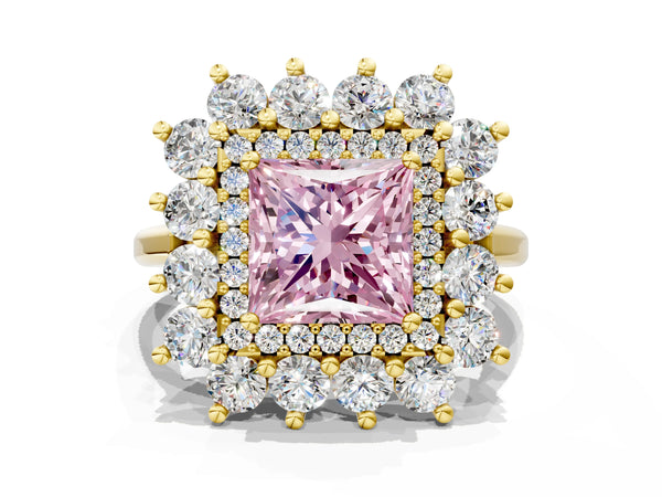 Yellow Gold Princess Cut Floral Double Halo Engagement Ring Setting for Fancy Pink Center