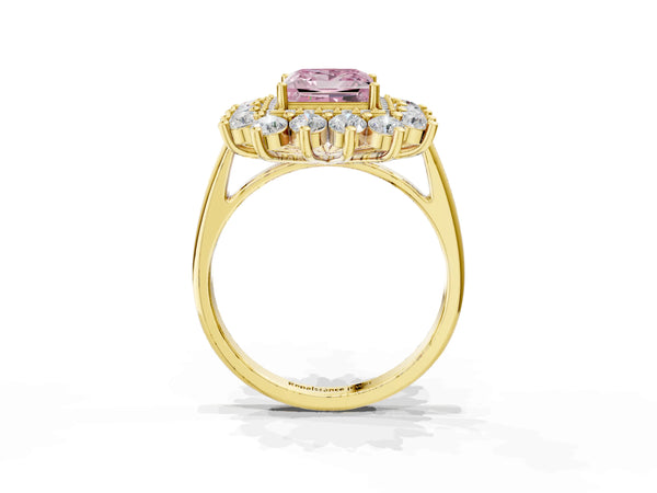 Yellow Gold Princess Cut Floral Double Halo Engagement Ring Setting for Fancy Pink Center