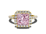 Yellow gold Fancy Pink Princess  Cut Diamond Floral Halo Engagement Ring with Pavé Band and Prong Setting_26