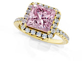 Yellow gold Fancy Pink Princess  Cut Diamond Floral Halo Engagement Ring with Pavé Band and Prong Setting_27