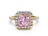 Yellow gold Fancy Pink Princess  Cut Diamond Floral Halo Engagement Ring with Pavé Band and Prong Setting_38