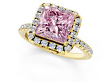 Yellow gold Fancy Pink Princess  Cut Diamond Floral Halo Engagement Ring with Pavé Band and Prong Setting_39