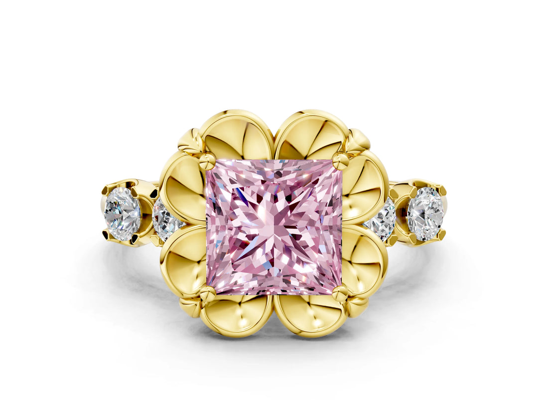 Yellow gold Fancy Pink Princess  Cut Diamond Floral Halo Engagement Ring with Shared Prong Setting 1