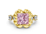 Yellow gold Fancy Pink Princess  Cut Diamond Floral Halo Engagement Ring with Shared Prong Setting 1