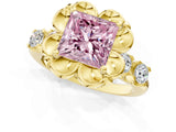 Yellow gold Fancy Pink Princess  Cut Diamond Floral Halo Engagement Ring with Shared Prong Setting 2