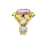 Yellow gold Fancy Pink Princess  Cut Diamond Floral Halo Engagement Ring with Shared Prong Setting