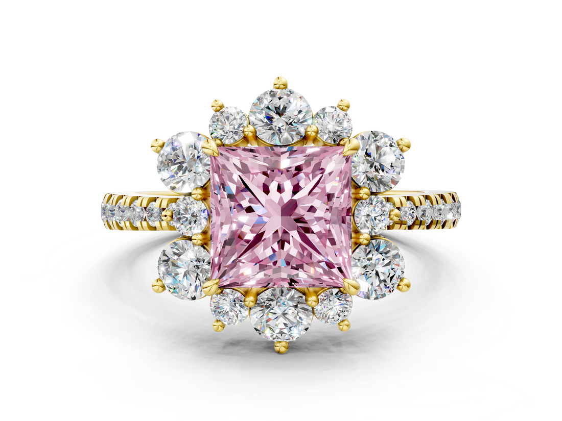Yellow gold Fancy Pink Princess  Cut Diamond Floral Halo Pave Band with Prong Setting