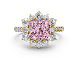 Yellow gold Fancy Pink Princess  Cut Diamond Floral Halo Pave Band with Prong Setting