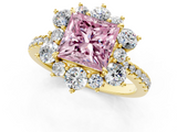 Yellow gold Fancy Pink Princess  Cut Diamond Floral Halo Pave Band with Prong Setting_1