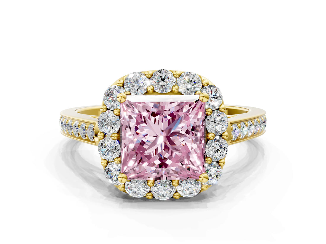 Yellow gold Fancy Pink Princess Cut Diamond Floral Halo Ring with Pavé Band and Prong Setting_3