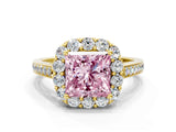 Yellow gold Fancy Pink Princess Cut Diamond Floral Halo Ring with Pavé Band and Prong Setting_3