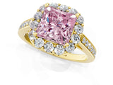 Yellow gold Fancy Pink Princess Cut Diamond Floral Halo Ring with Pavé Band and Prong Setting_4