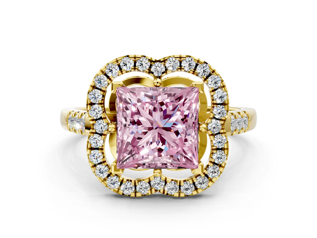Yellow gold Fancy Pink Princess Cut Diamond Floral Halo Split Shank Prong Setting Ring