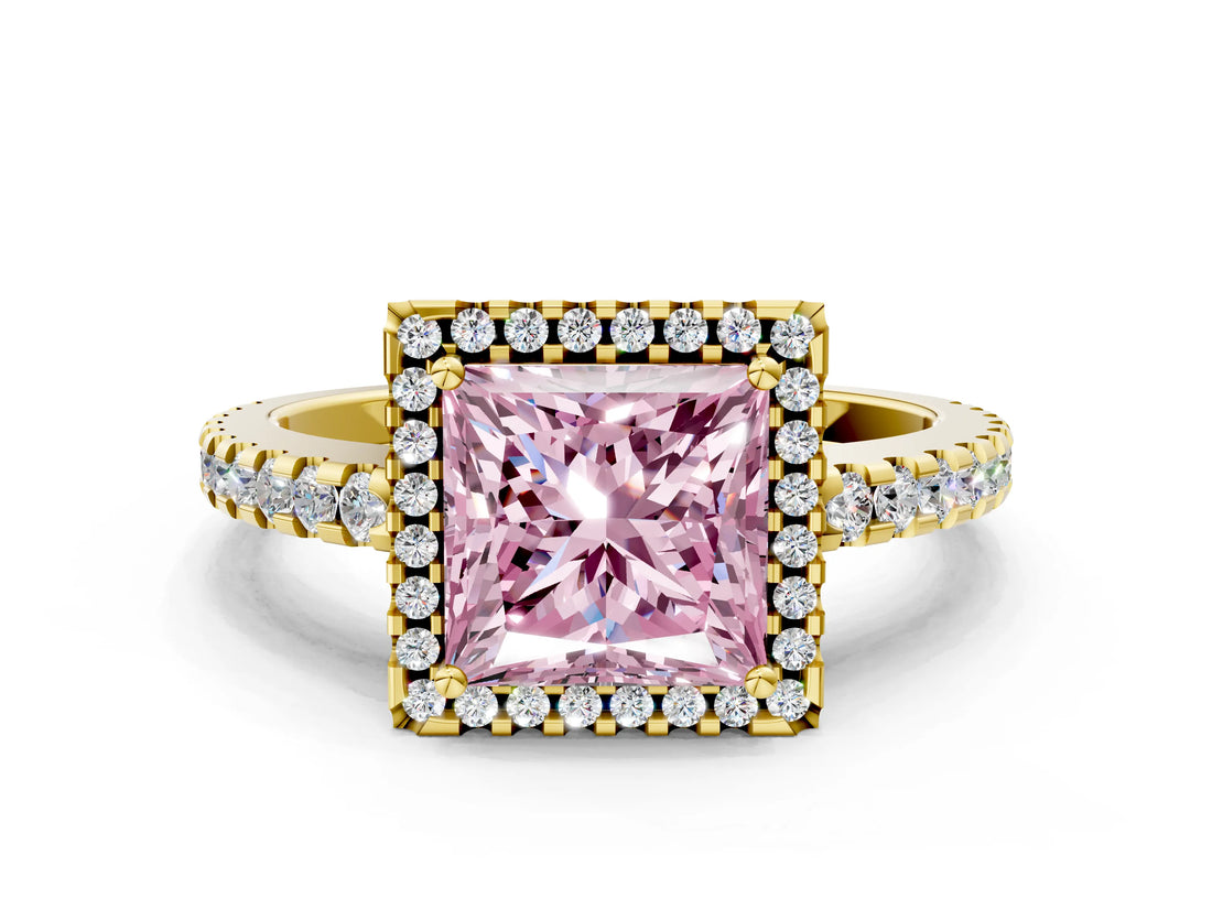 Yellow gold Fancy Pink Princess Cut Diamond Halo Engagement Ring with Pavé Band and Prong Setting_27