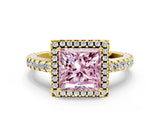 Yellow gold Fancy Pink Princess Cut Diamond Halo Engagement Ring with Pavé Band and Prong Setting_27