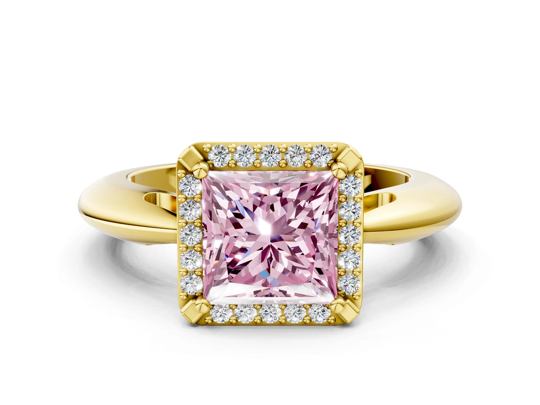 Yellow gold Fancy Pink Princess  Cut Diamond Halo Engagement Ring with Split Shank and Four-Prong Setting_29