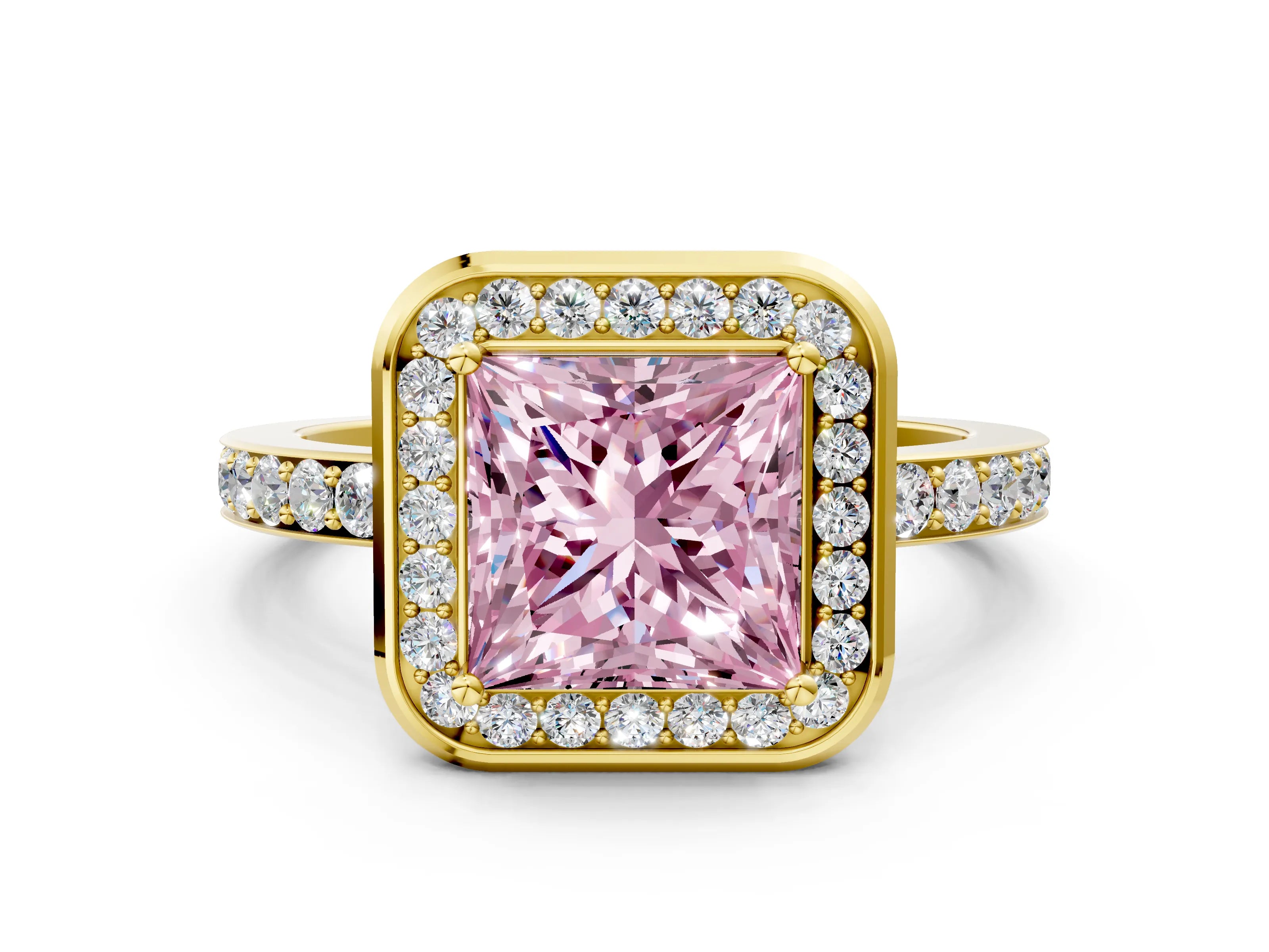 Yellow gold Fancy Pink Princess Cut Diamond Halo Ring with Bezel Frame and Pavé Band