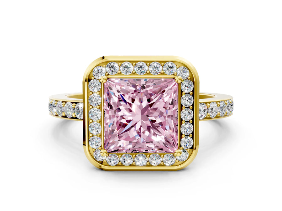 Yellow gold Fancy Pink Princess Cut Diamond Halo Ring with Bezel Frame and Pavé Band