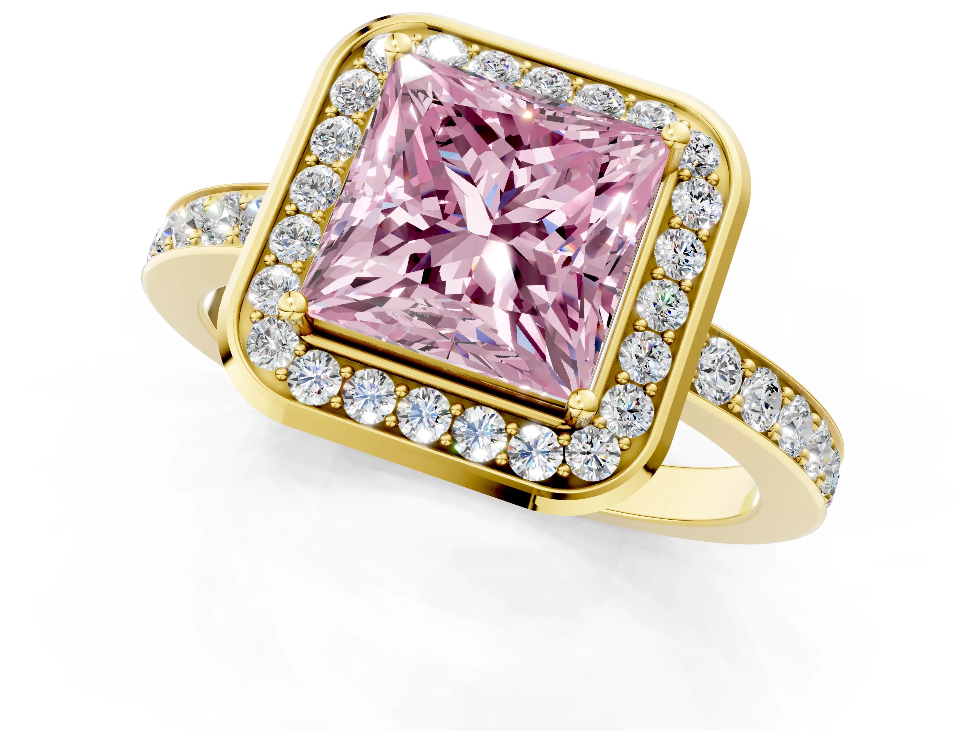 Yellow gold Fancy Pink Princess Cut Diamond Halo Ring with Bezel Frame and Pavé Band_1