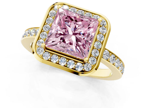 Yellow gold Fancy Pink Princess Cut Diamond Halo Ring with Bezel Frame and Pavé Band_1
