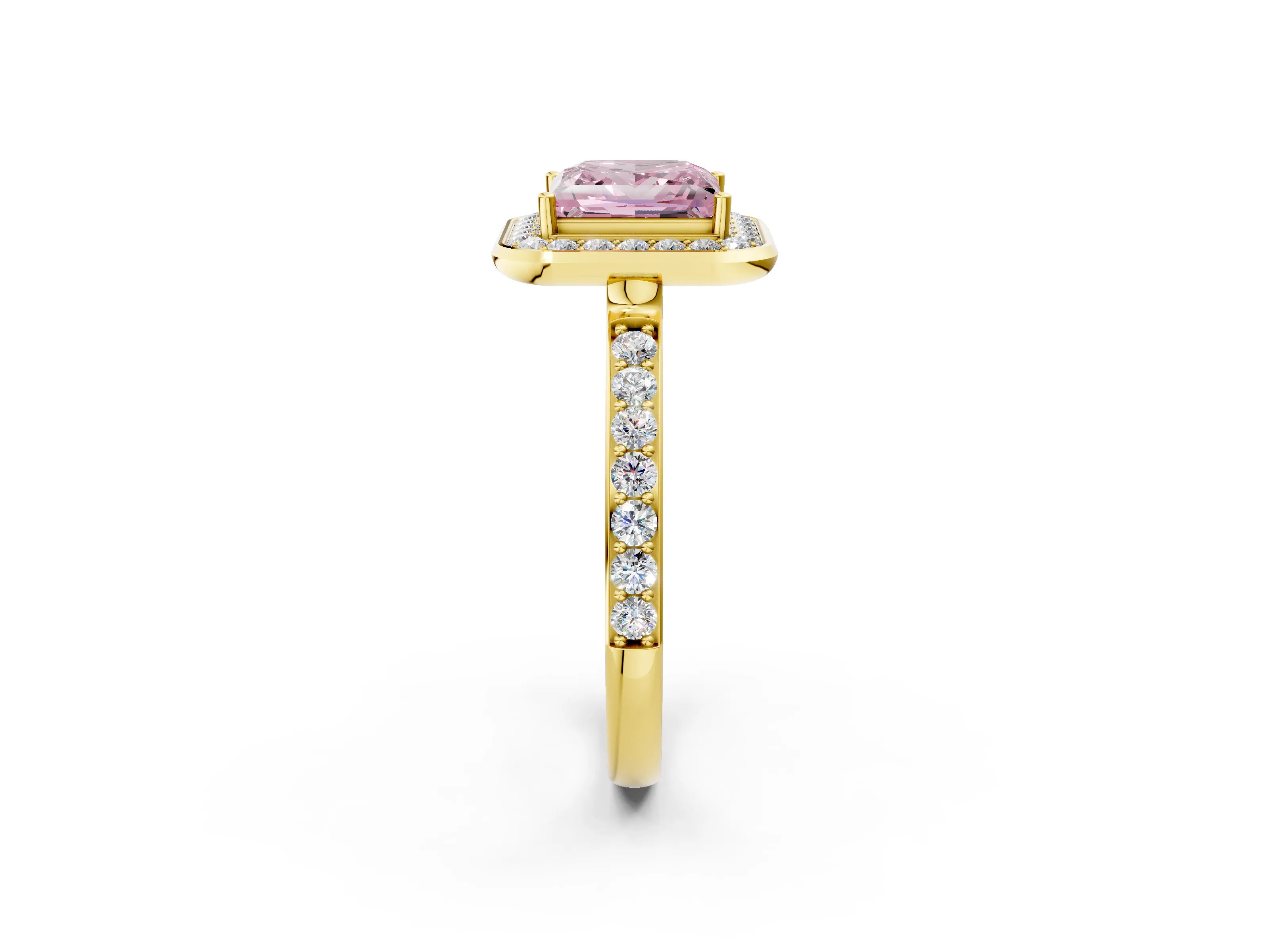 Yellow gold Fancy Pink Princess Cut Diamond Halo Ring with Bezel Frame and Pavé Band_2
