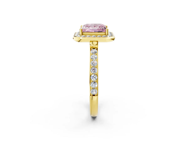 Yellow gold Fancy Pink Princess Cut Diamond Halo Ring with Bezel Frame and Pavé Band