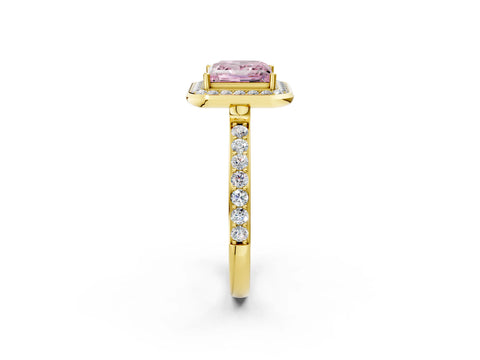 Yellow gold Fancy Pink Princess Cut Diamond Halo Ring with Bezel Frame and Pavé Band_2