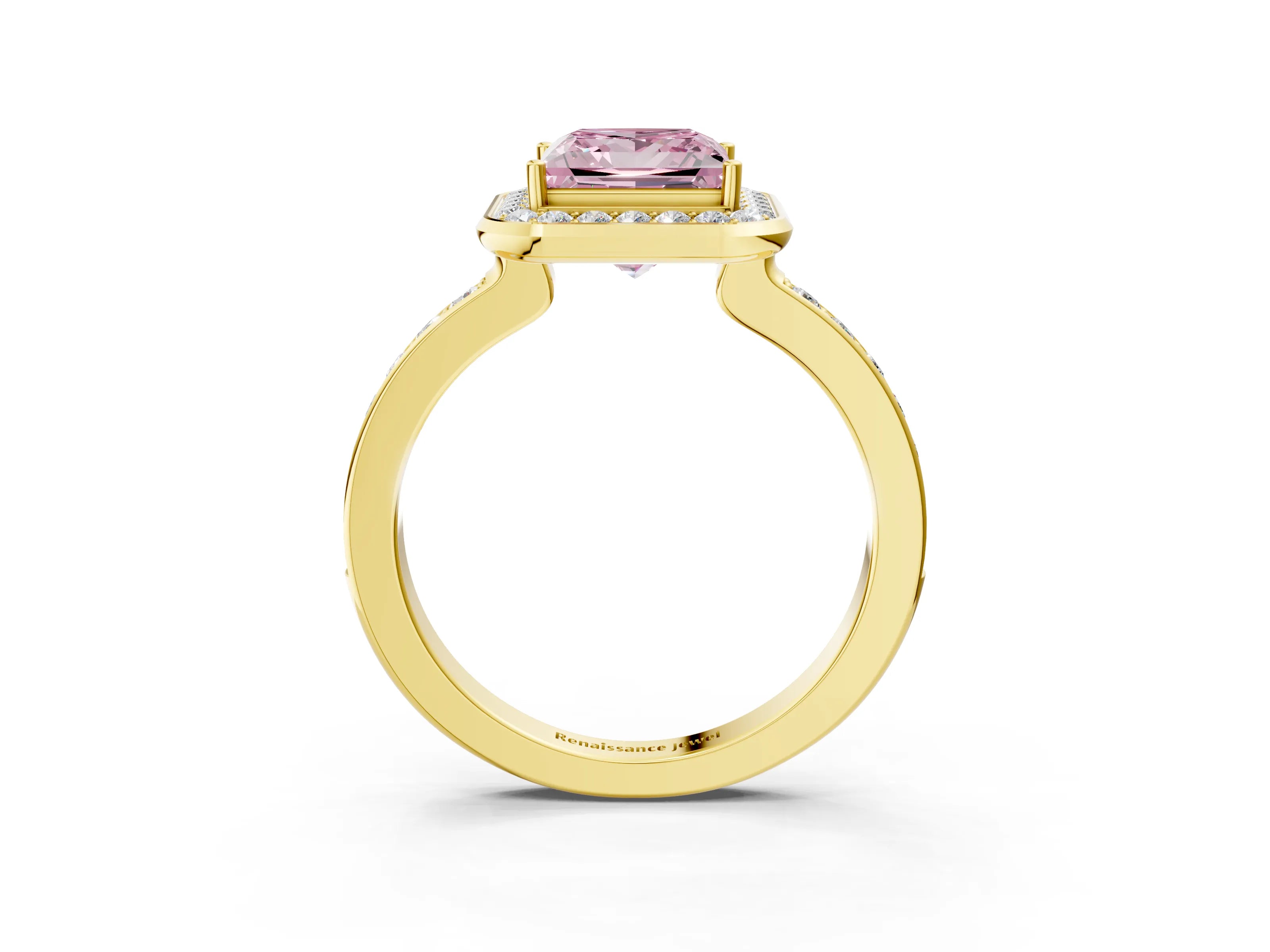 Yellow gold Fancy Pink Princess Cut Diamond Halo Ring with Bezel Frame and Pavé Band_3