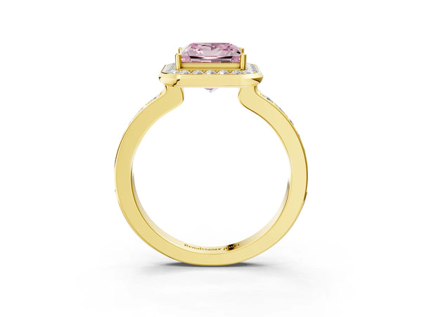 Yellow gold Fancy Pink Princess Cut Diamond Halo Ring with Bezel Frame and Pavé Band