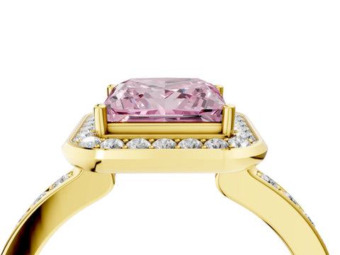Yellow gold Fancy Pink Princess Cut Diamond Halo Ring with Bezel Frame and Pavé Band_4