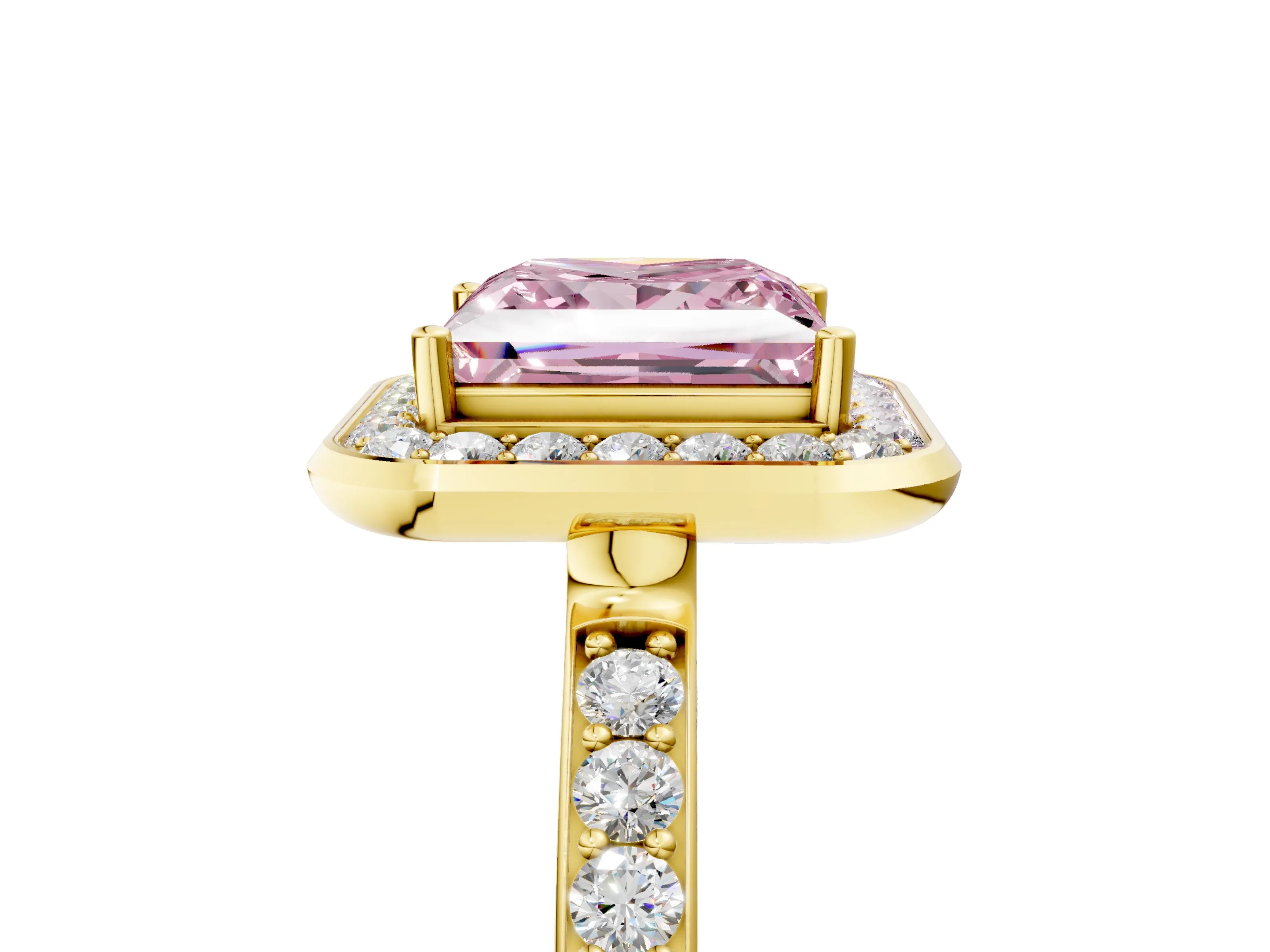 Yellow gold Fancy Pink Princess Cut Diamond Halo Ring with Bezel Frame and Pavé Band_5