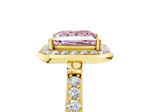 Yellow gold Fancy Pink Princess Cut Diamond Halo Ring with Bezel Frame and Pavé Band_5