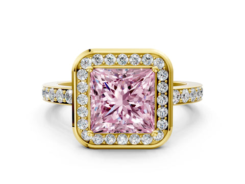 Yellow gold Fancy Pink Princess Cut Diamond Halo Ring with Bezel Frame and Pavé Band