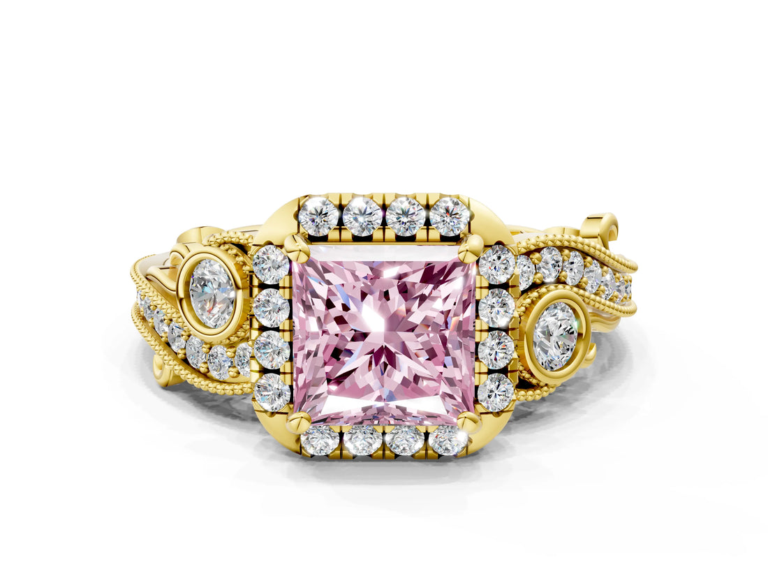Yellow gold Fancy Pink Princess Cut Diamond Halo Ring with Milgrain Pavé Band and Four-Prong Setting_17