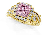 Yellow gold Fancy Pink Princess Cut Diamond Halo Ring with Milgrain Pavé Band and Four-Prong Setting_18