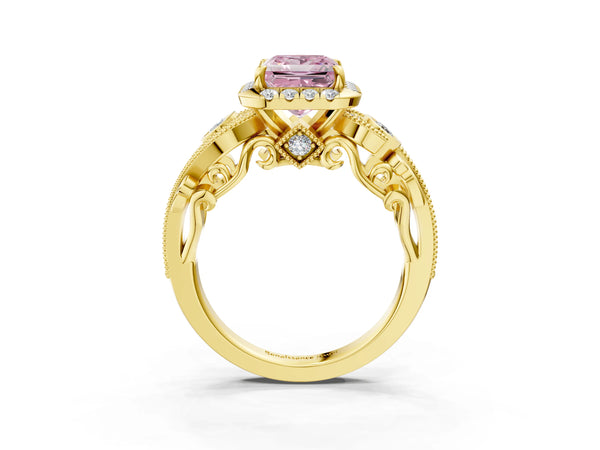 Yellow Gold Princess Cut Halo Engagement Ring Setting for Fancy Pink Center with Bezel Accents