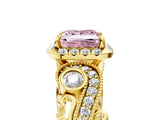 Yellow gold Fancy Pink Princess Cut Diamond Halo Ring with Milgrain Pavé Band and Four-Prong Setting_22