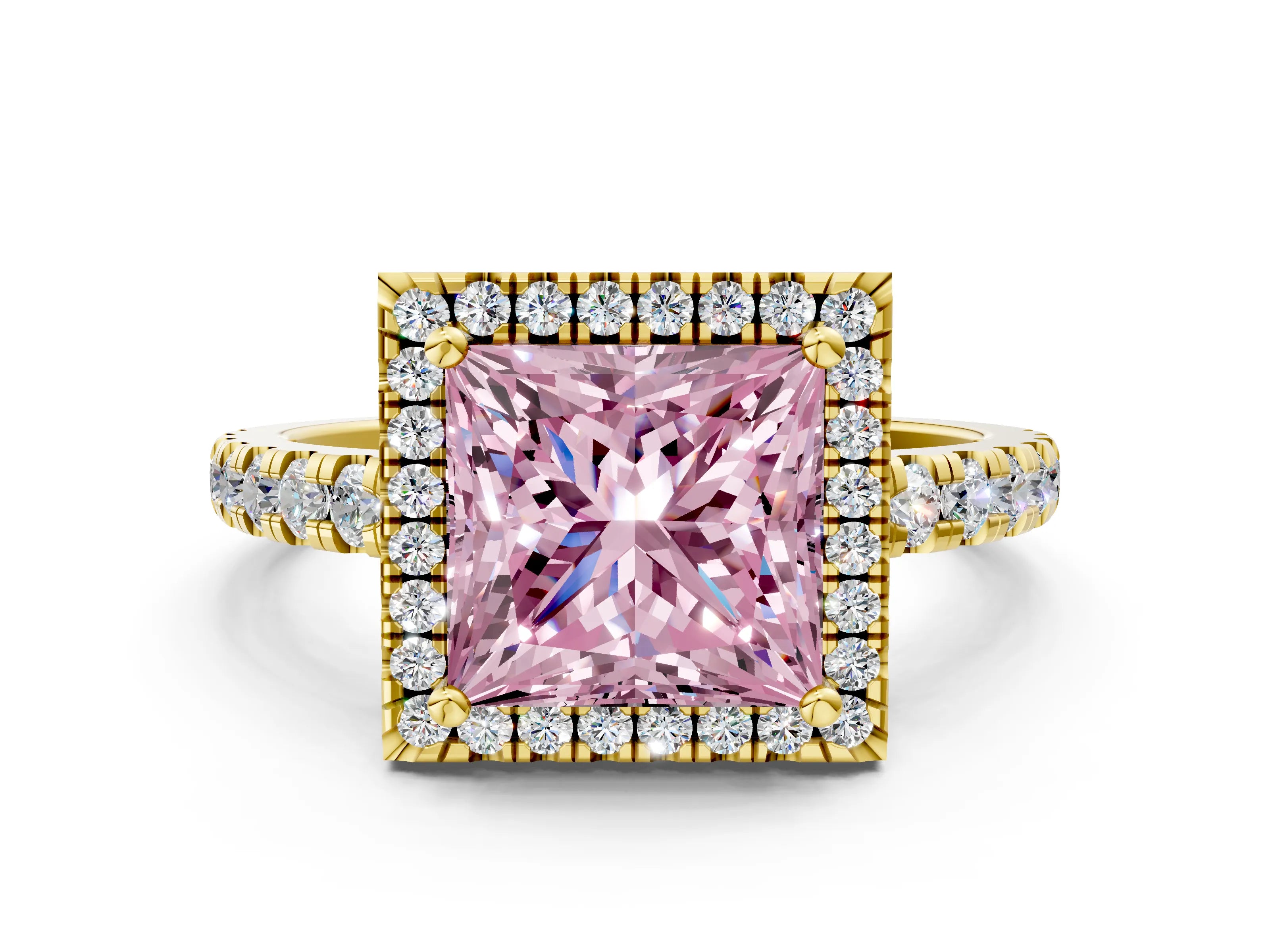 Yellow gold Fancy Pink Princess Cut Diamond Halo Ring with Pavé Band and Four-Prong Setting