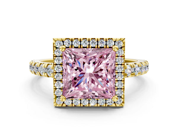 Yellow gold Fancy Pink Princess Cut Diamond Halo Ring with Pavé Band and Four-Prong Setting