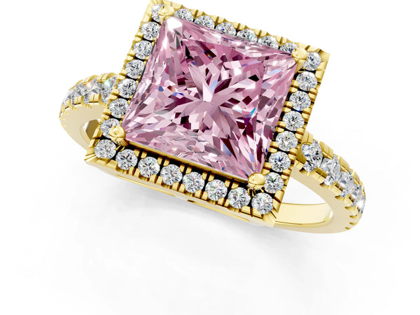 Yellow gold Fancy Pink Princess Cut Diamond Halo Ring with Pavé Band and Four-Prong Setting