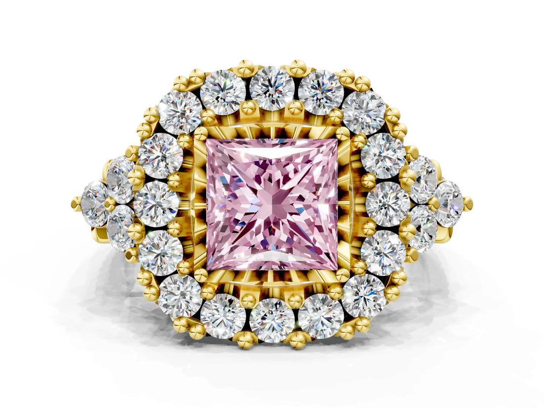 Yellow gold Fancy Pink Princess Cut Diamond Halo Ring with Pavé Band and Four-Prong Setting_18