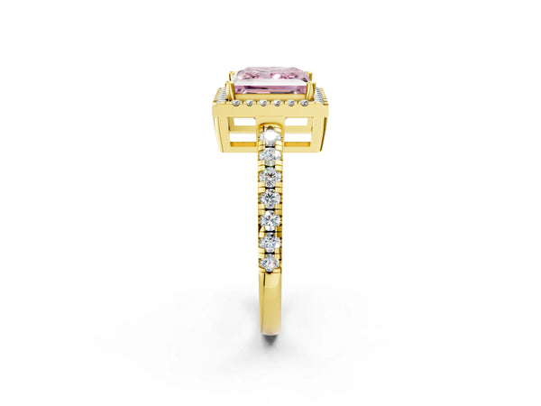Yellow gold Fancy Pink Princess Cut Diamond Halo Ring with Pavé Band and Four-Prong Setting