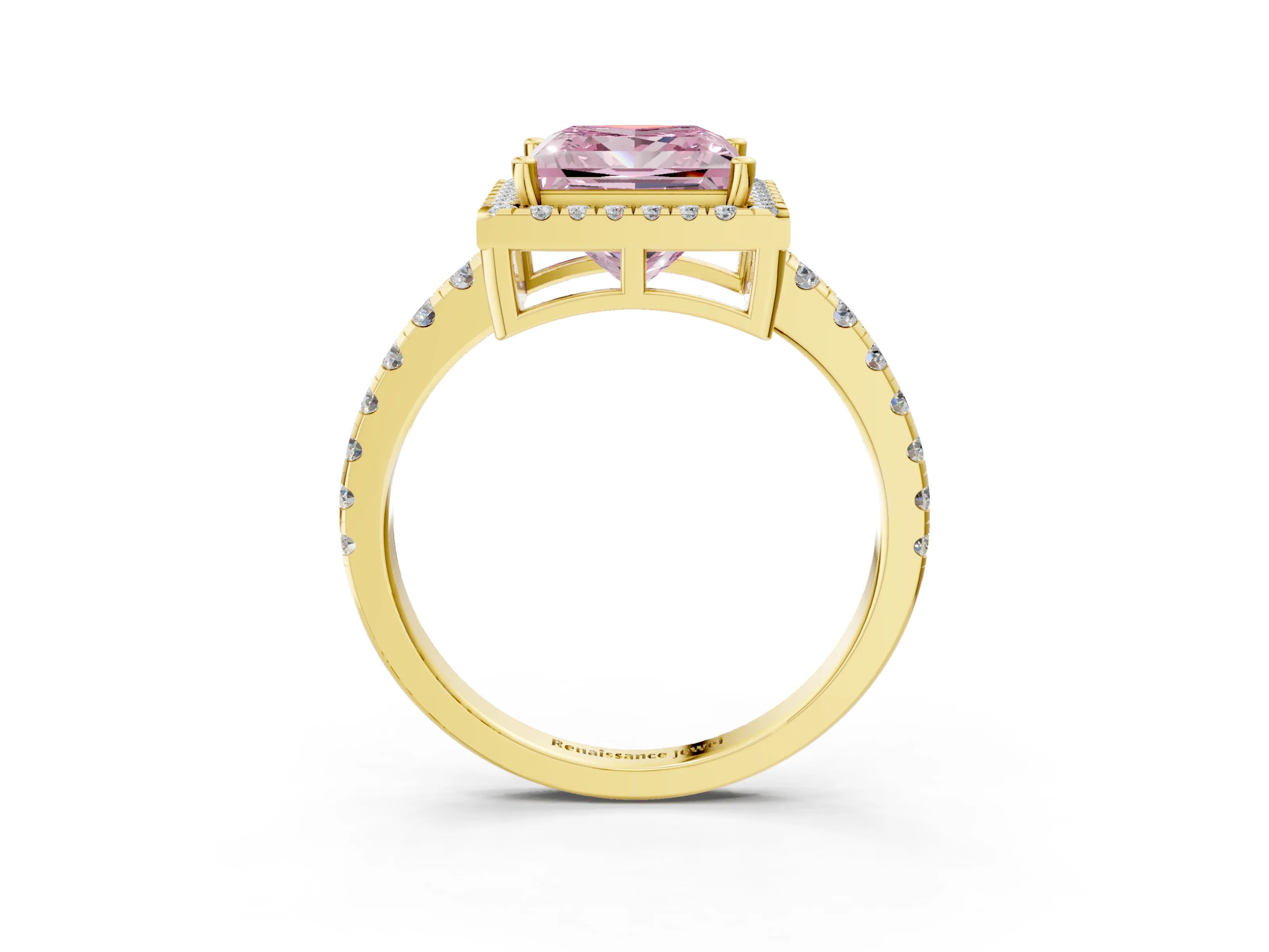 Yellow gold Fancy Pink Princess Cut Diamond Halo Ring with Pavé Band and Four-Prong Setting_3