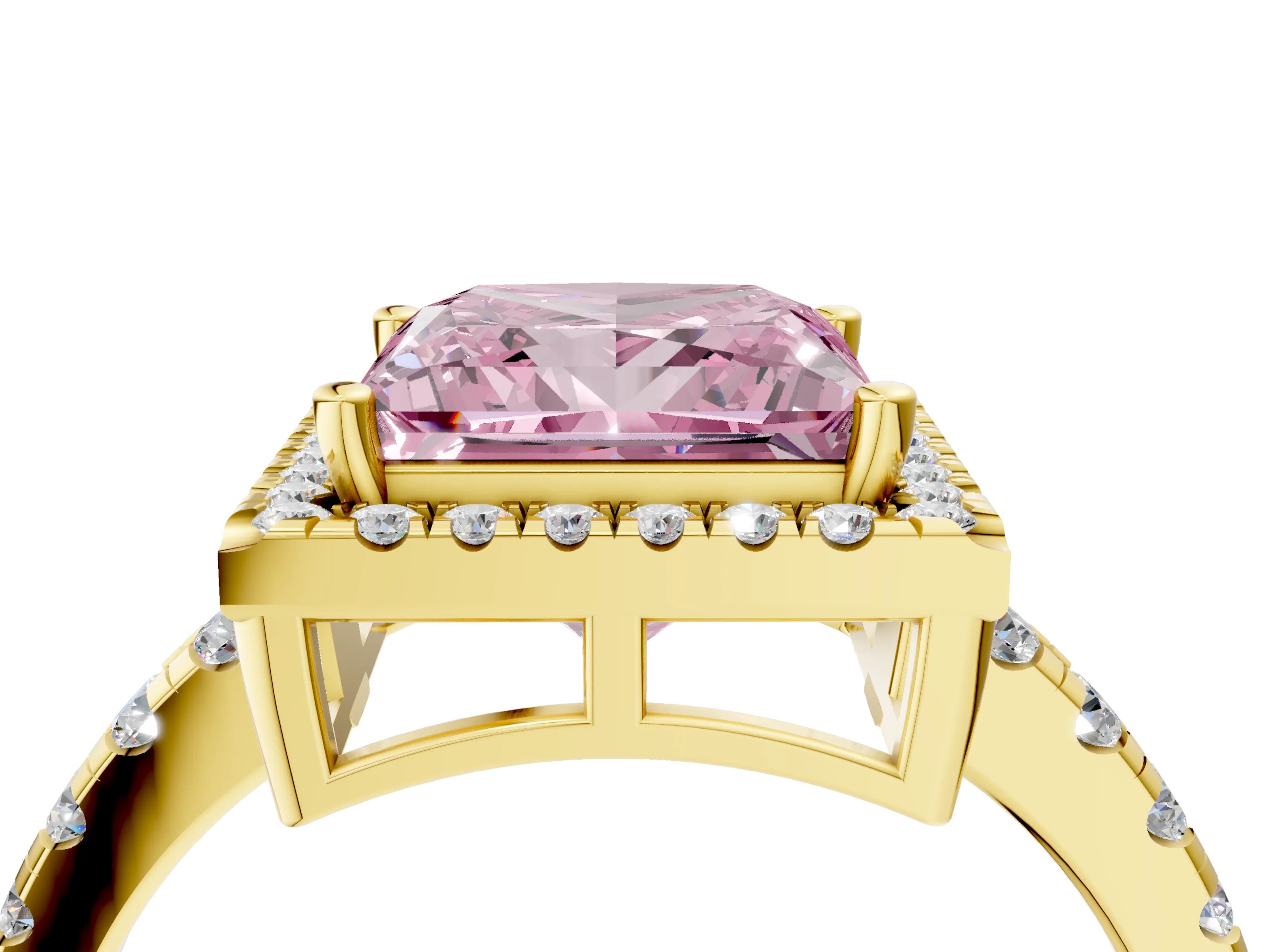 Yellow gold Fancy Pink Princess Cut Diamond Halo Ring with Pavé Band and Four-Prong Setting_4