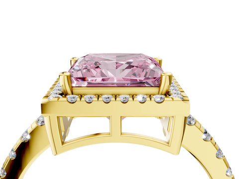 Yellow gold Fancy Pink Princess Cut Diamond Halo Ring with Pavé Band and Four-Prong Setting_4