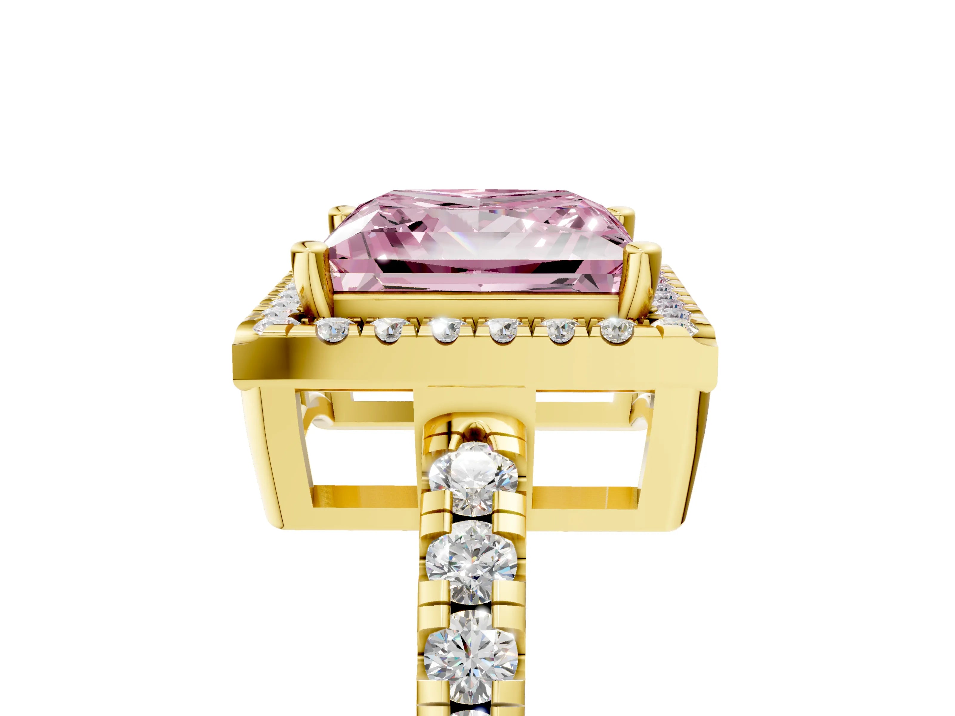 Yellow gold Fancy Pink Princess Cut Diamond Halo Ring with Pavé Band and Four-Prong Setting_5