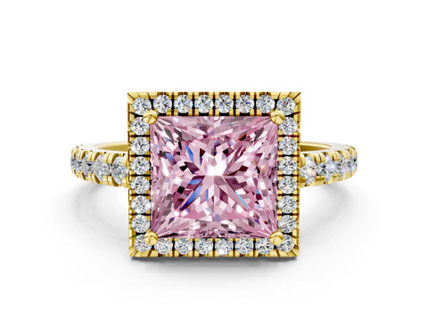 Yellow gold Fancy Pink Princess Cut Diamond Halo Ring with Pavé Band and Four-Prong Setting