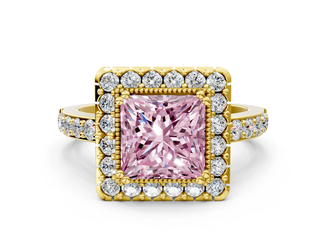 Yellow gold Fancy Pink Princess Cut Diamond Halo Ring with Pavé Band and Prong Setting